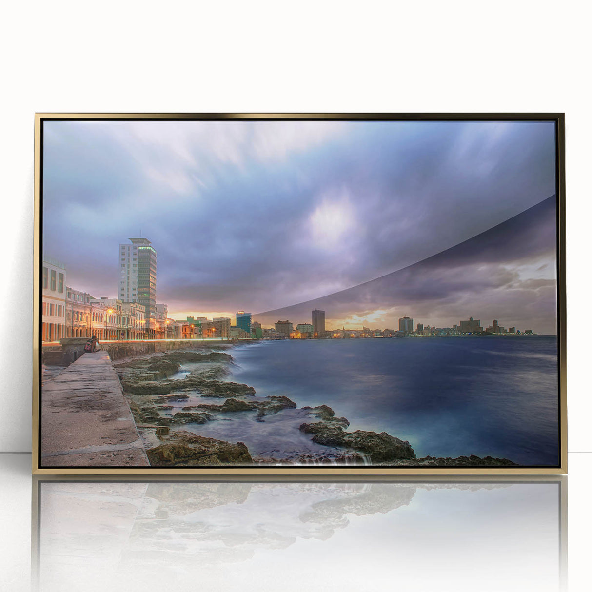 Caribbean Cuban landscape depicted in art deco style on a framed acrylic, featuring vibrant blue and green tones.