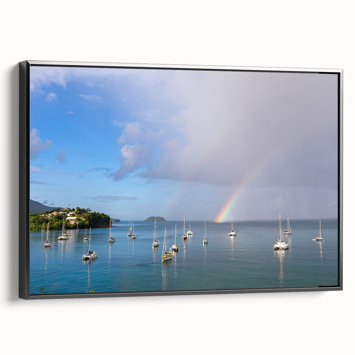 Black and white framed canvas depicting a vintage Caribbean landscape, ideal for bedroom wall decor.