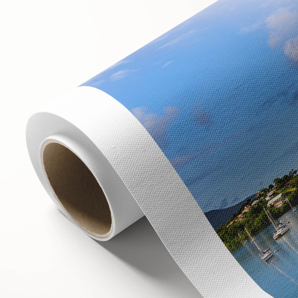 Art Deco poster of Caribbean Martinique scenery on rolled canvas, with soft blue and green hues, ideal for nursery wall art.