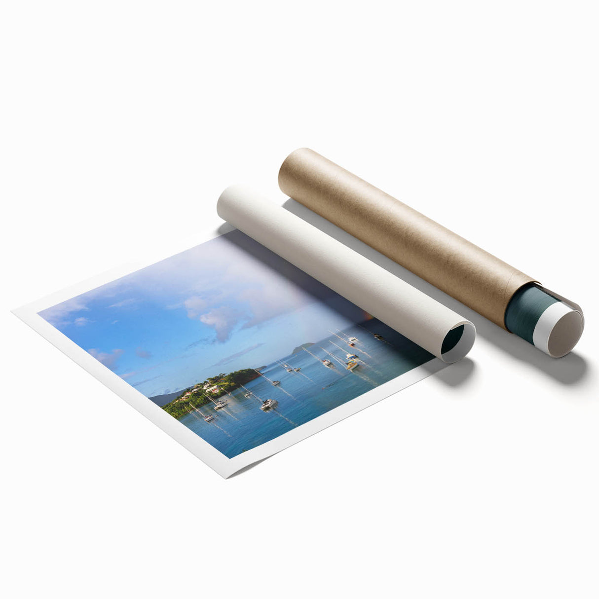Extra large rolled print depicting a serene Caribbean beach with vibrant blue and sandy hues.