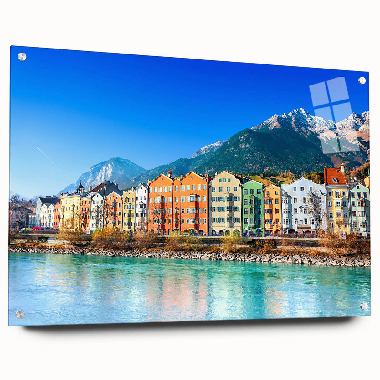 Large abstract wall art depicting European scenery in vibrant blues and greens, acrylic print.