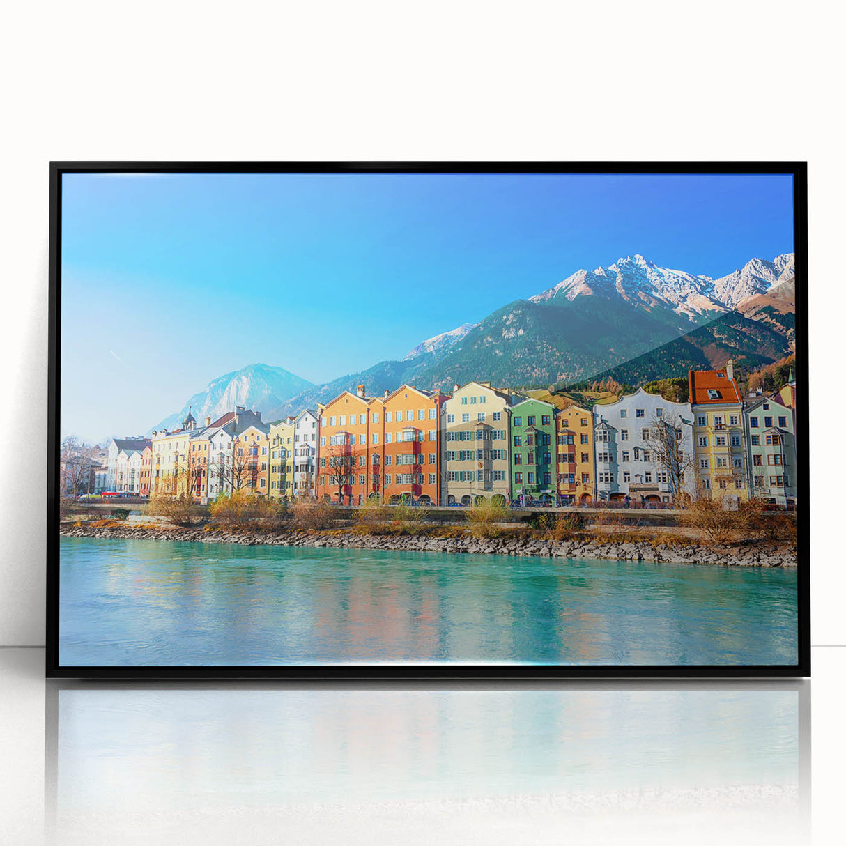 Large abstract wall art depicting a European scenery in Austria with muted earth tones on a framed acrylic.