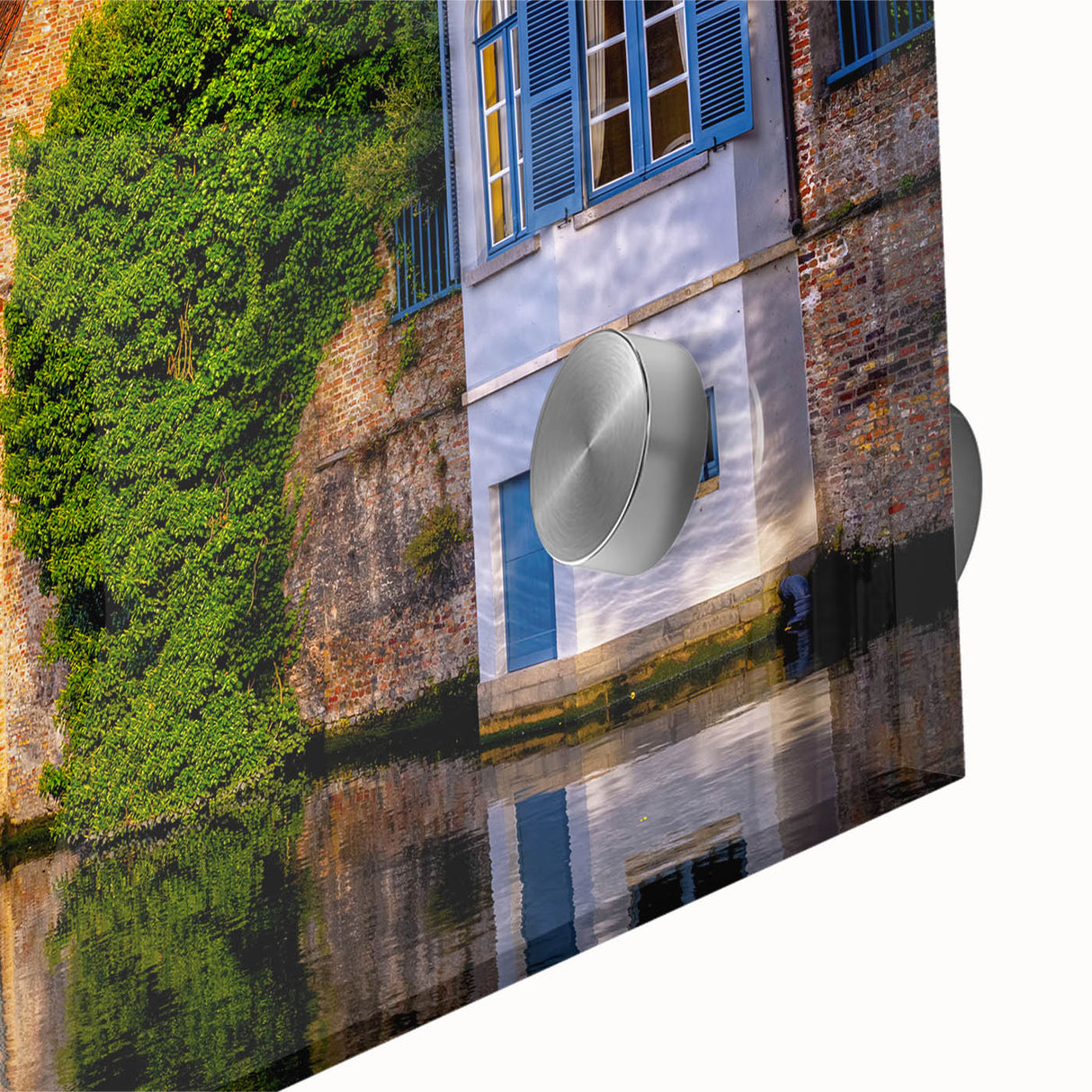 Large abstract wall art of a European scenery in muted earth tones on acrylic glass, ideal for dining room ambiance.