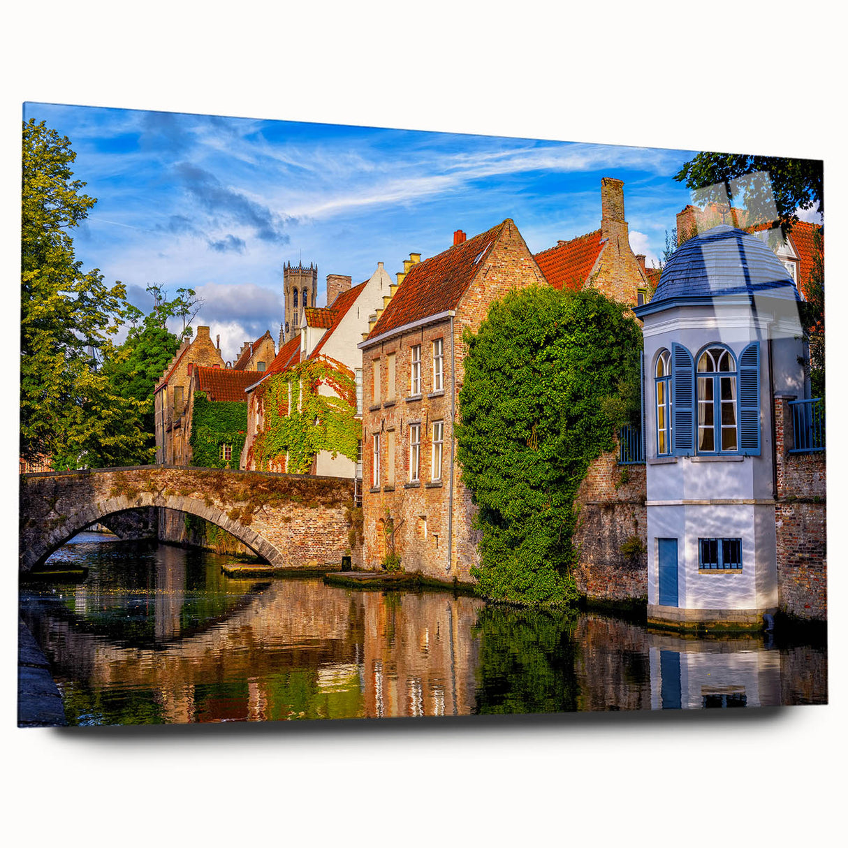 Large abstract wall art depicting a European scenery in muted earth tones on acrylic glass.