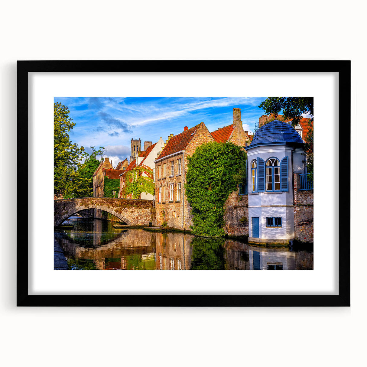 Abstract art print featuring vibrant, colorful textures, showcased in a black frame with mat, ideal for living room decor.