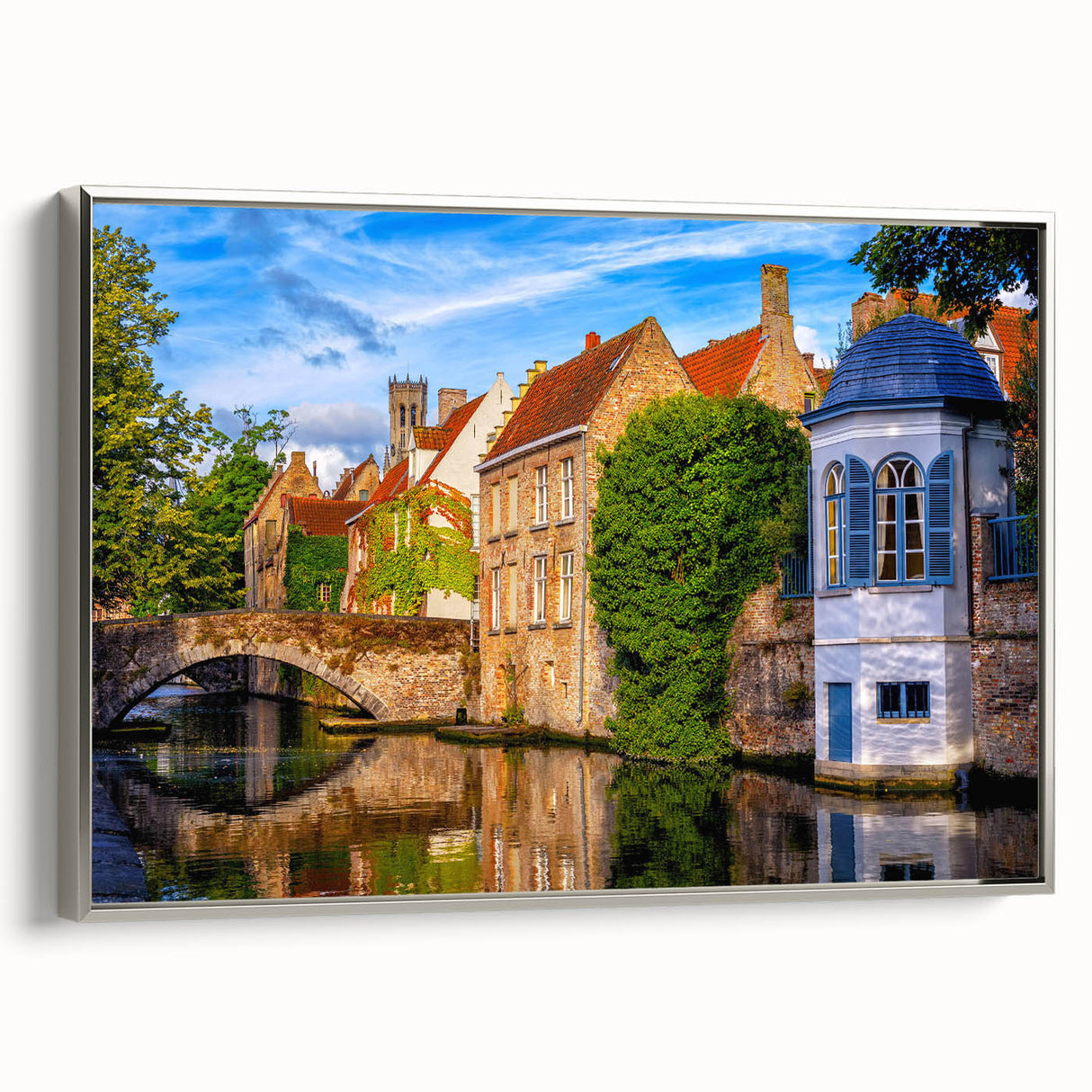 Landscape art painting featuring a vintage-style depiction of a Belgian scenery on a framed canvas.