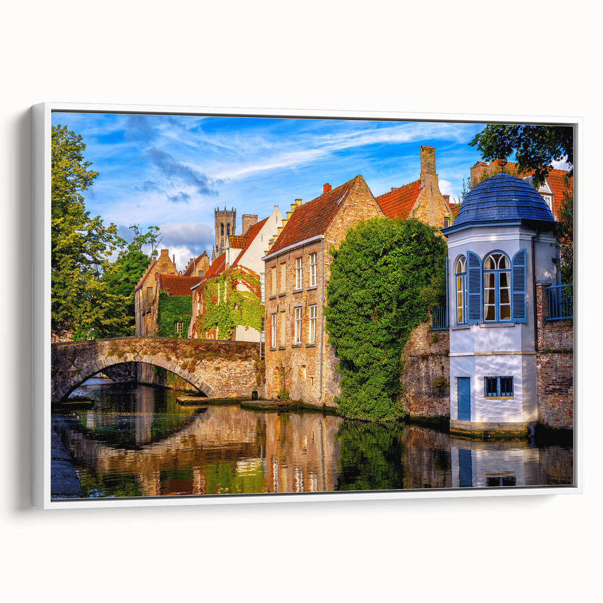 Vintage poster art of a European Belgium scenery in colorful hues on extra large framed canvas, ideal for living room decor.