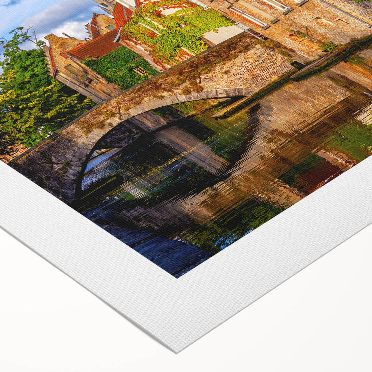 Art deco poster of a European cityscape in muted brown and blue tones on rolled canvas, ideal for dining room decor.