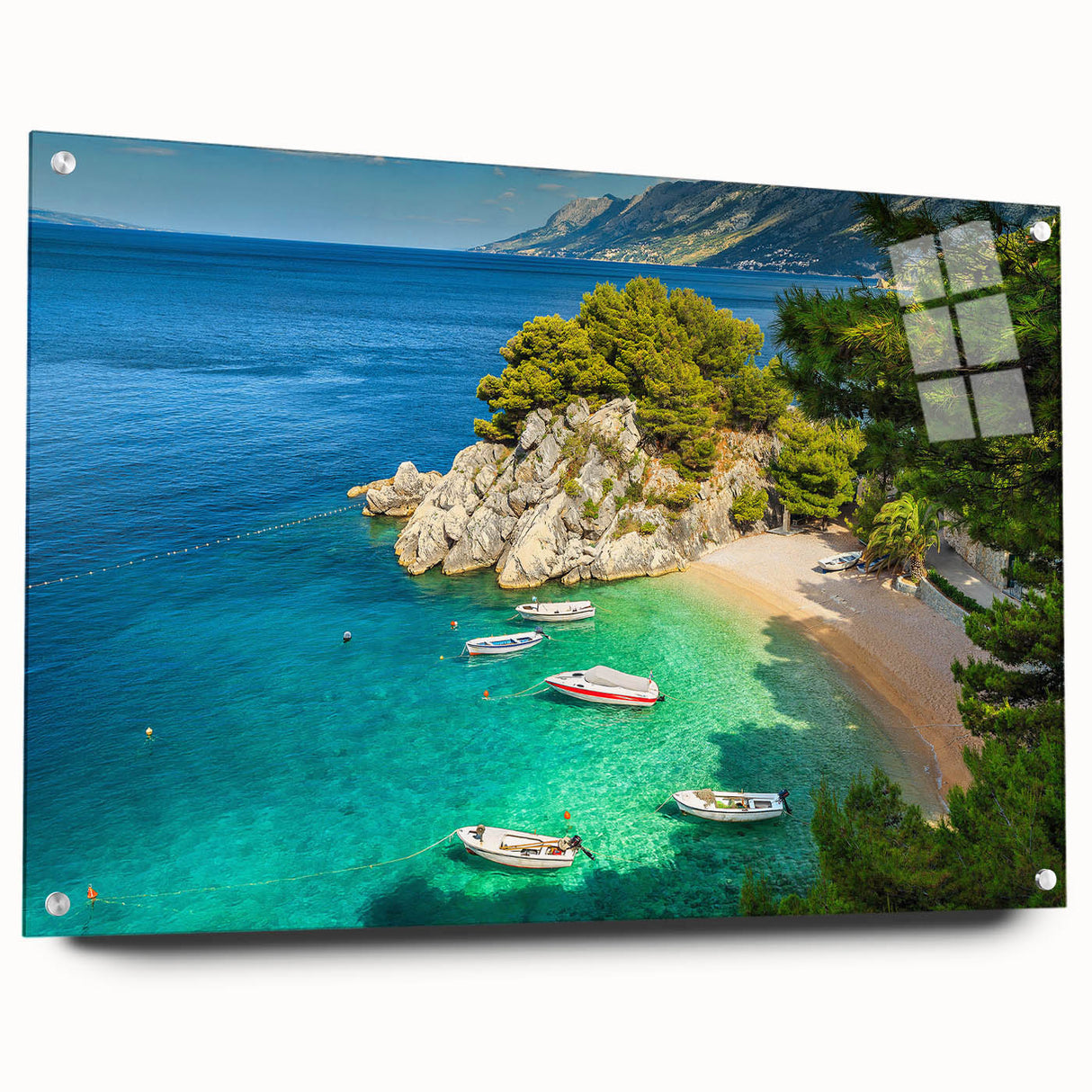 Acrylic print of a Croatian landscape with vibrant blue and green hues, ideal for dining room decor.