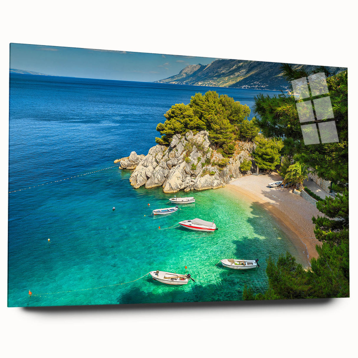 Acrylic print of a serene Croatian landscape in soft blue and green tones, ideal for bedroom or dining room art.