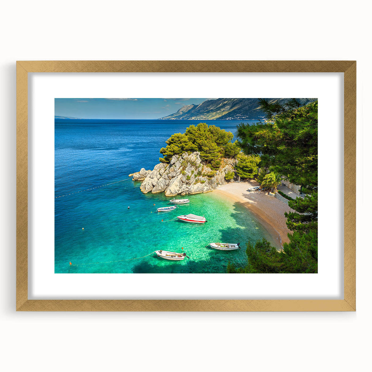 Abstract art print of a European Croatian landscape in muted earth tones, framed in gold, suitable for dining room decor.