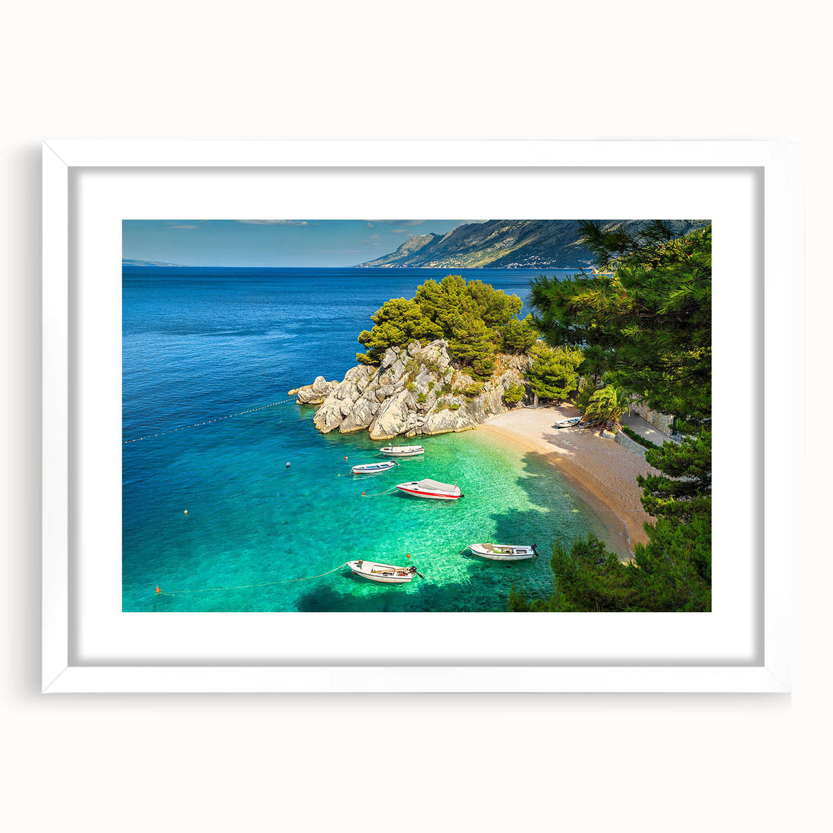 Textured abstract art print of a European Croatian landscape in muted earth tones, framed with a white mat.