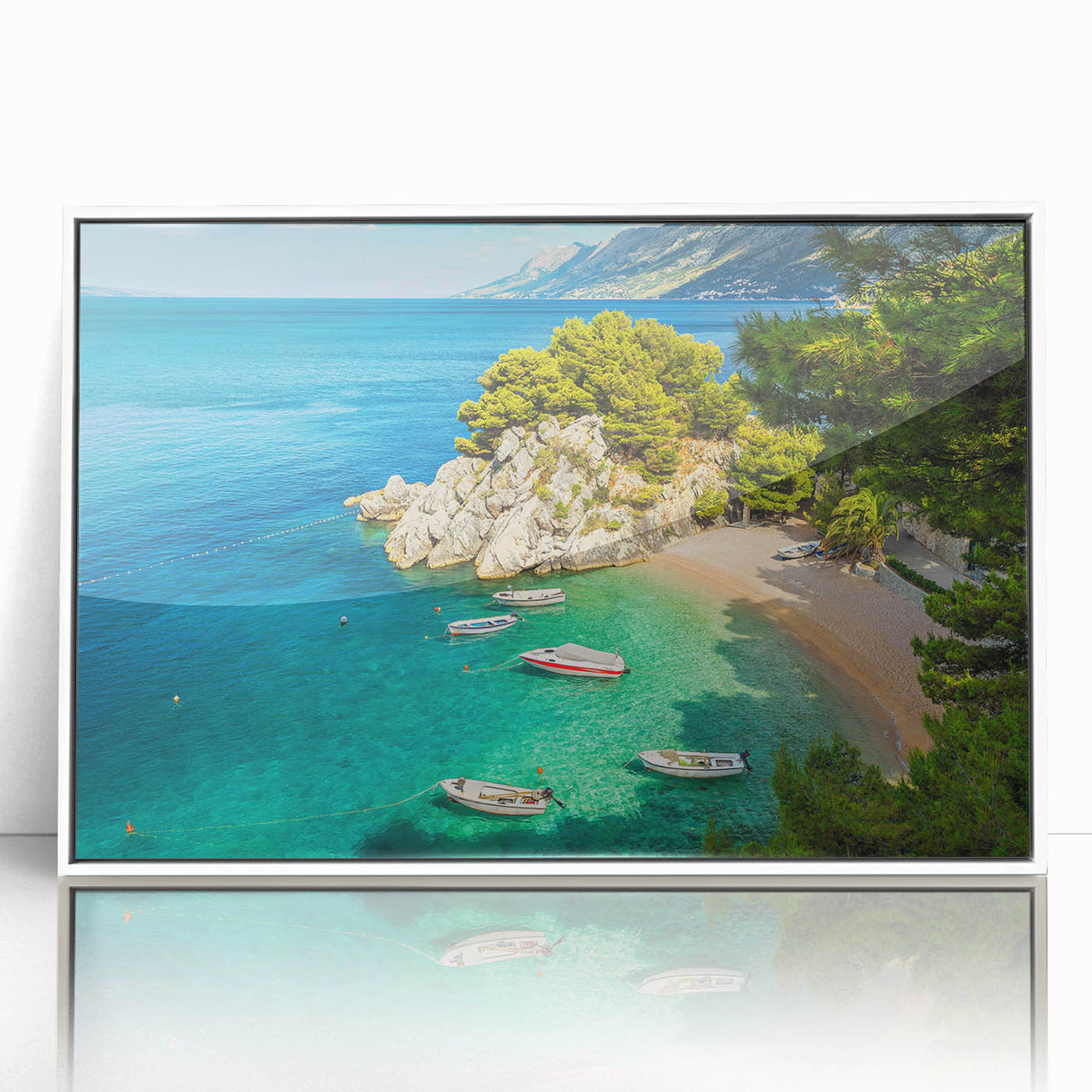 Mid-century modernist art depicting a Croatian landscape on a white-framed acrylic print, suitable for modern art wall decor.