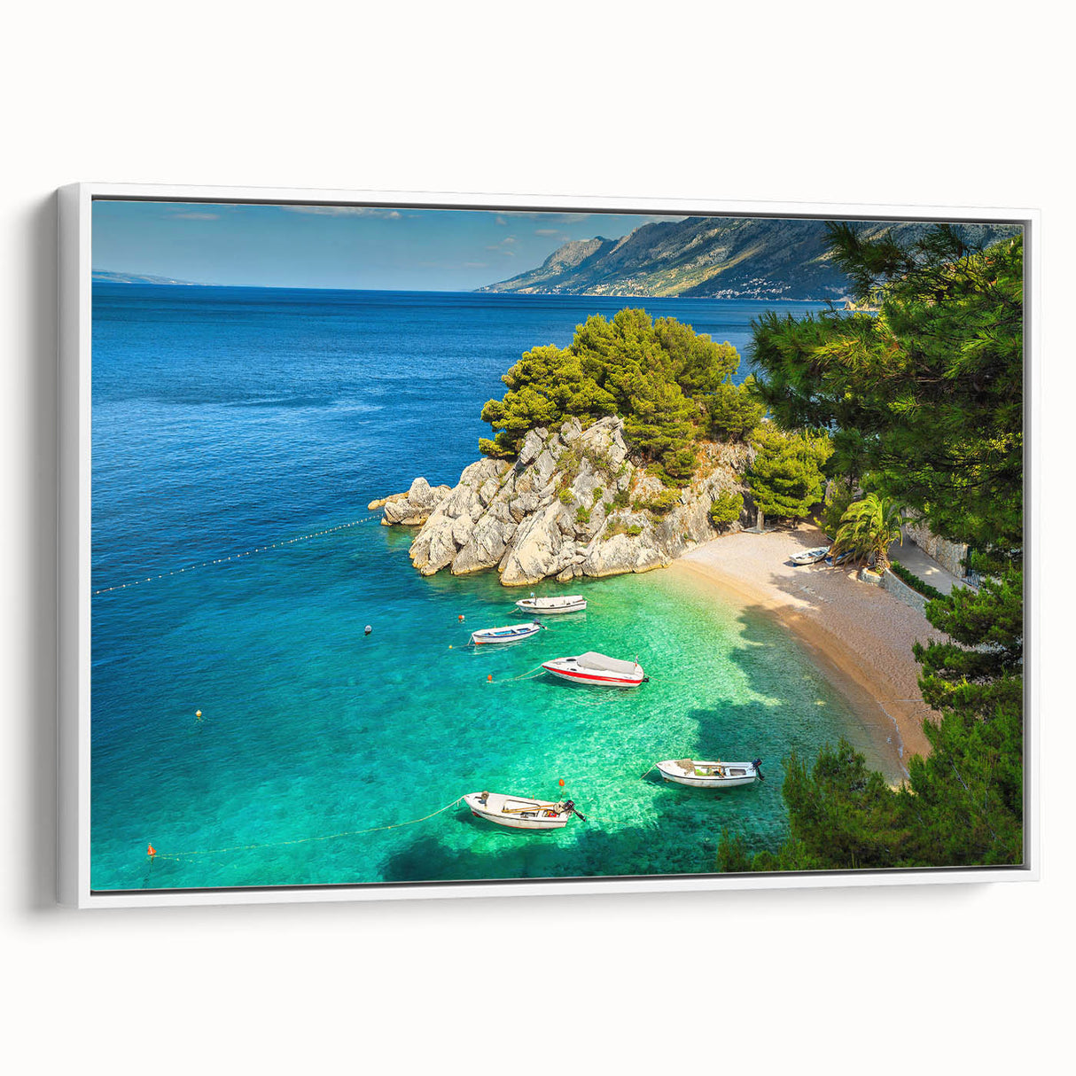 Vintage poster art depicting a scenic view of Croatia on a framed canvas, with vibrant colors, ideal for living room decor.