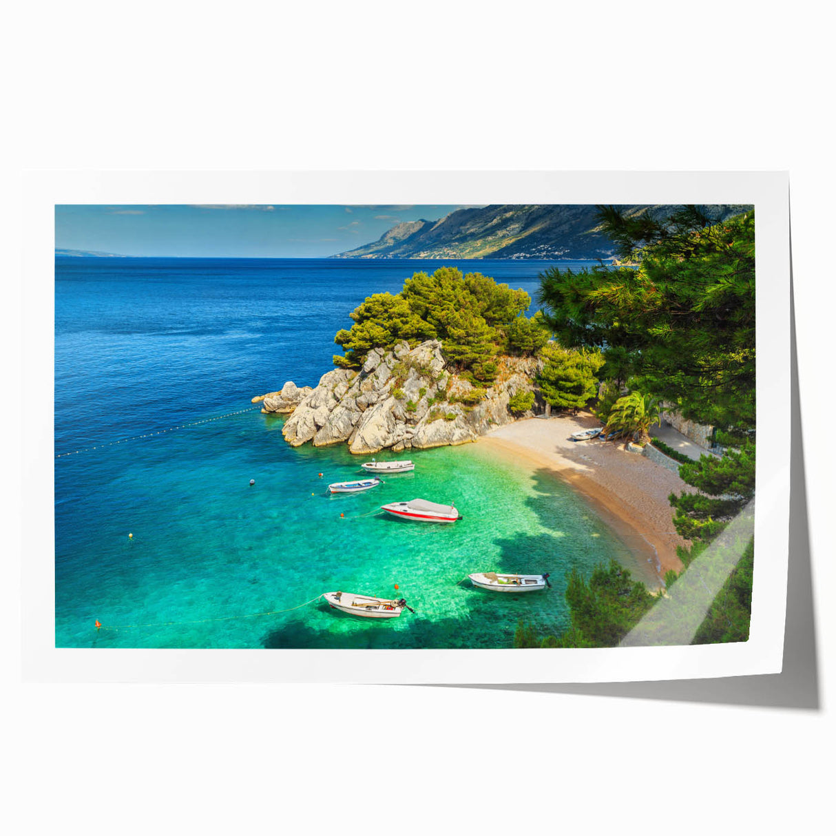 Rolled print of a Croatian landscape featuring vibrant green fields and a clear blue sky, suitable for art wall dining room.