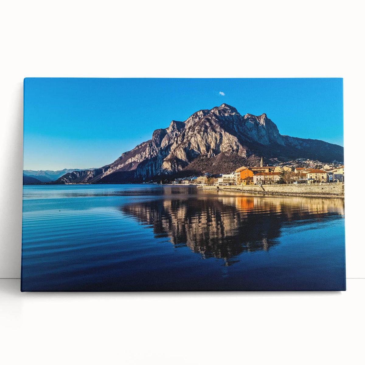 Black and white stretched canvas of Lake Como, ideal for kitchen wall art.