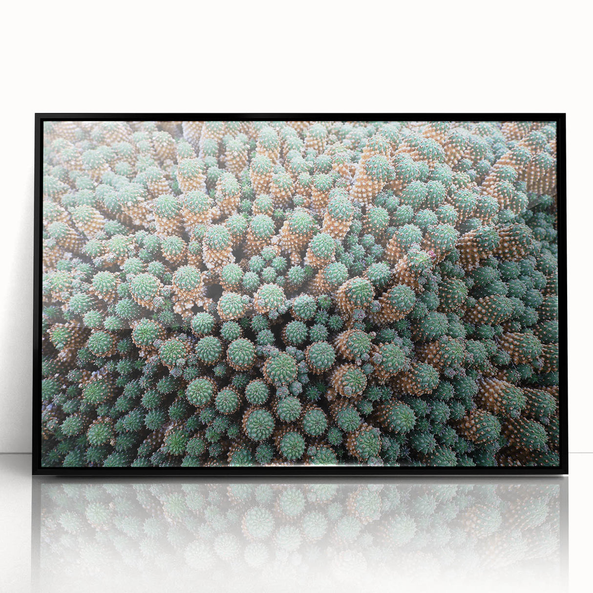 Large abstract wall art depicting a minimalist Canary Islands landscape in muted earth tones, framed in black acrylic.