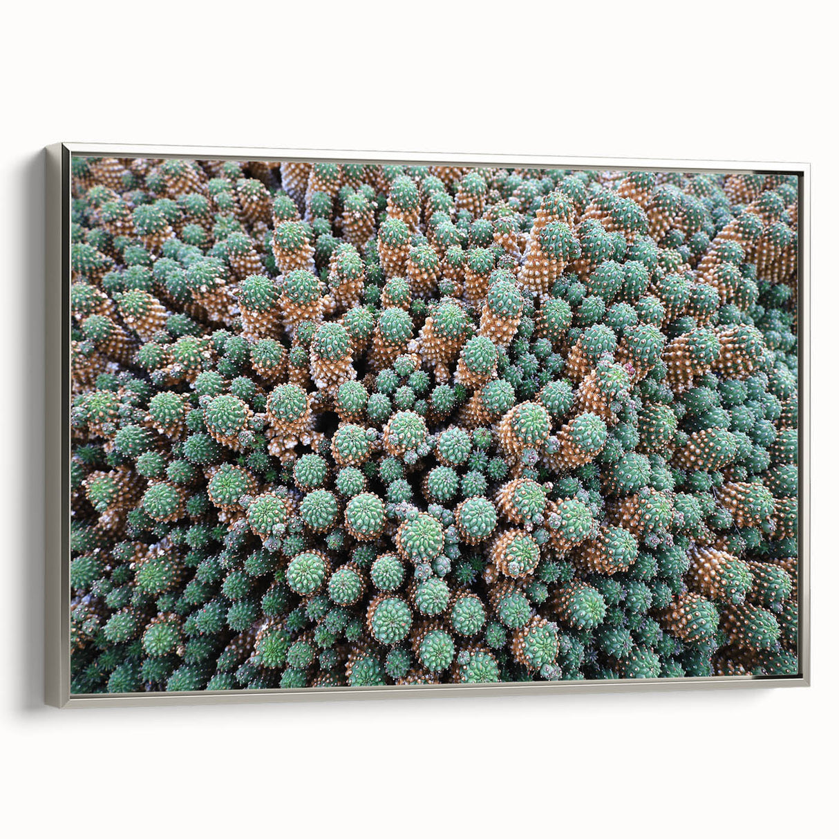 Landscape art painting of the Canary Islands with colorful vintage poster art, framed in silver on canvas.