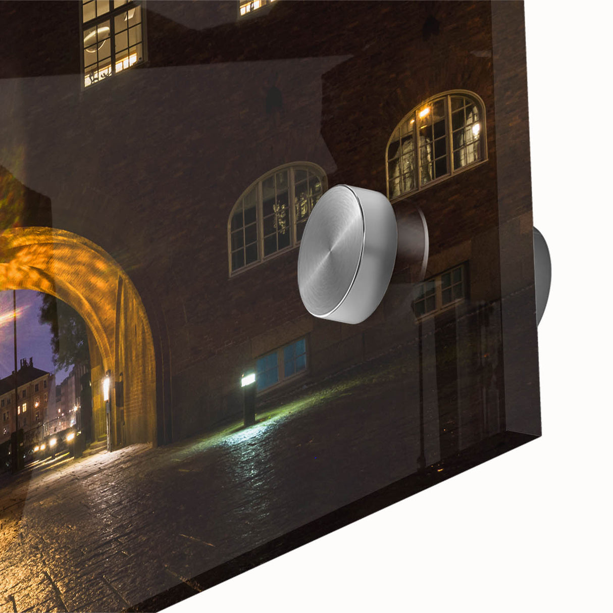 Large abstract wall art of Stockholm scenery in muted gray and blue tones on acrylic glass, ideal for dining room decor.