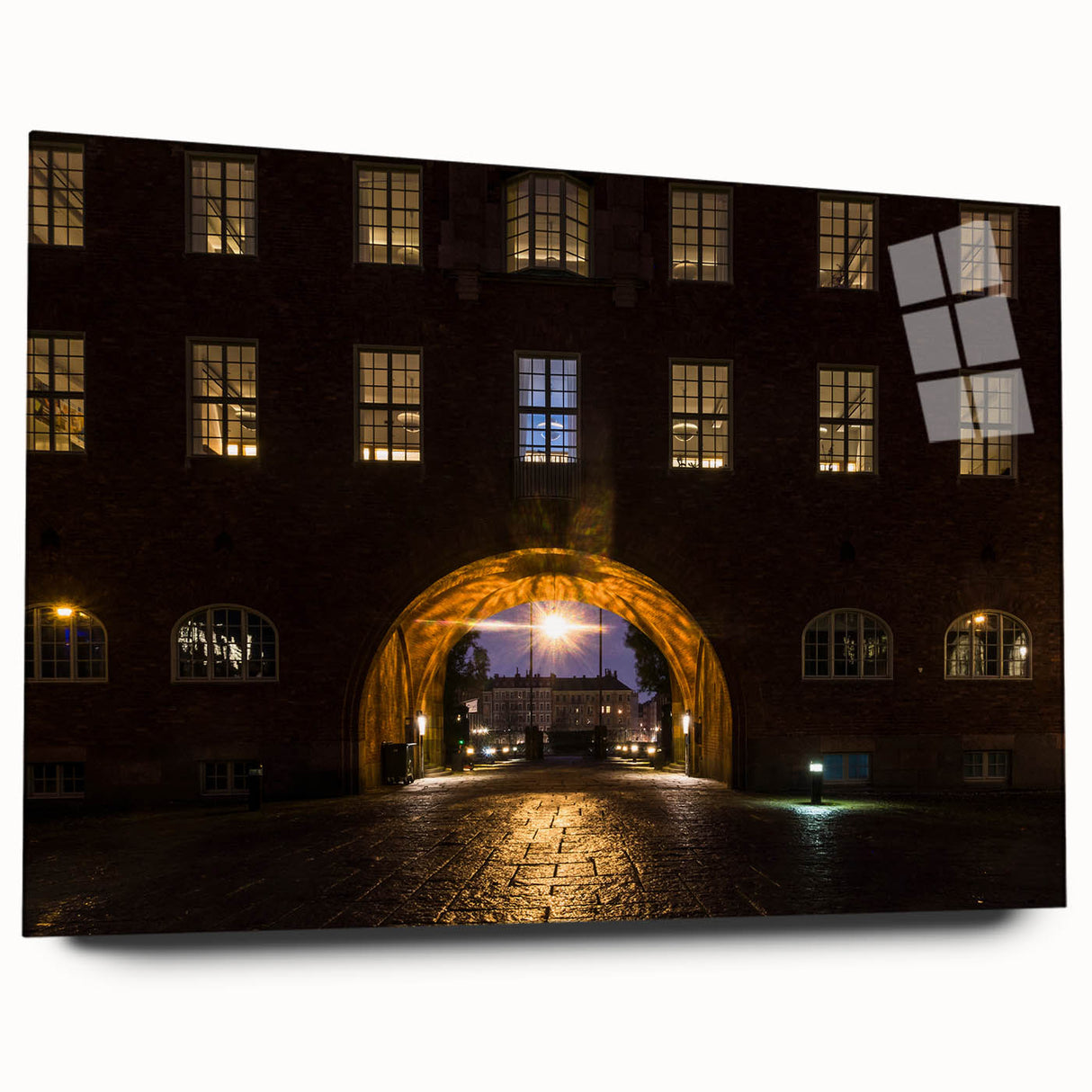 Large abstract depiction of Stockholm in muted blue and gray tones on acrylic glass, suitable for bedroom or dining room art.