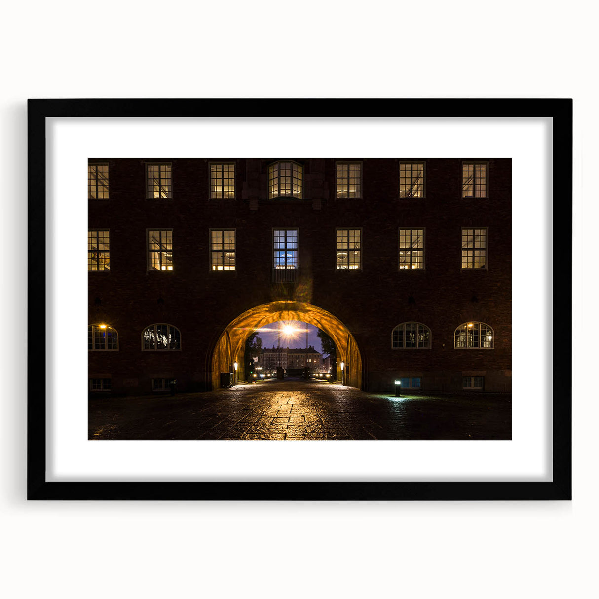 Extra large abstract art print of Stockholm scenery in vibrant colors on a textured black framed canvas.