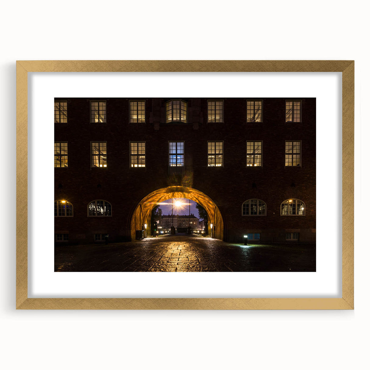 Extra large abstract art print of Stockholm scenery in gold frame, ideal for living room decor.