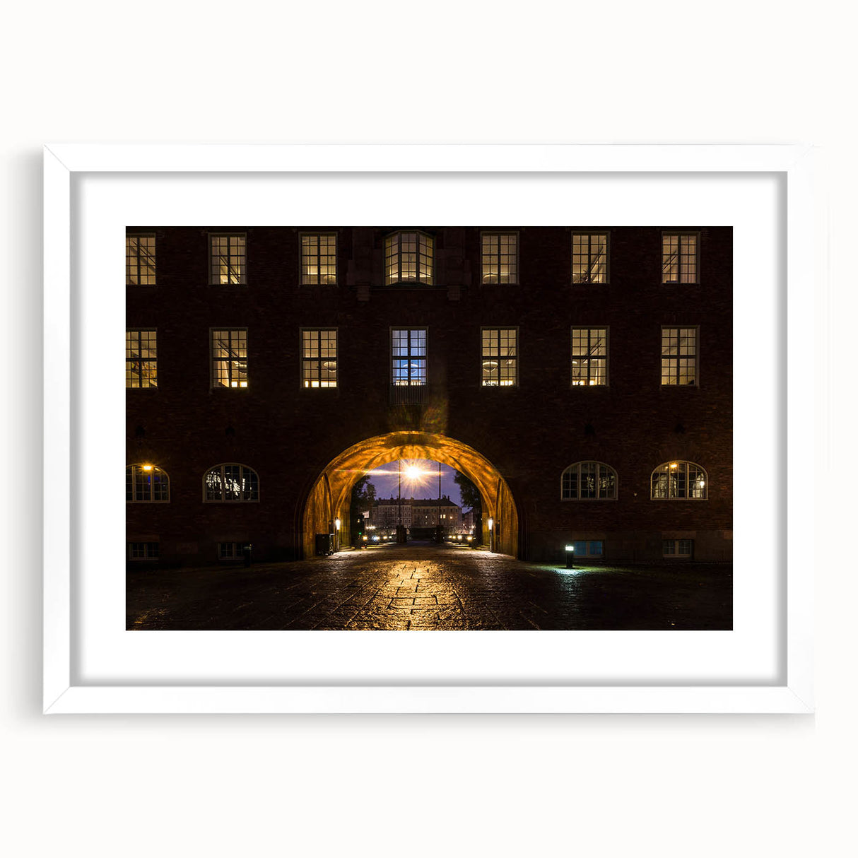 Abstract art print of Stockholm scenery in muted gray and blue tones, framed with a white mat, ideal for dining room decor.