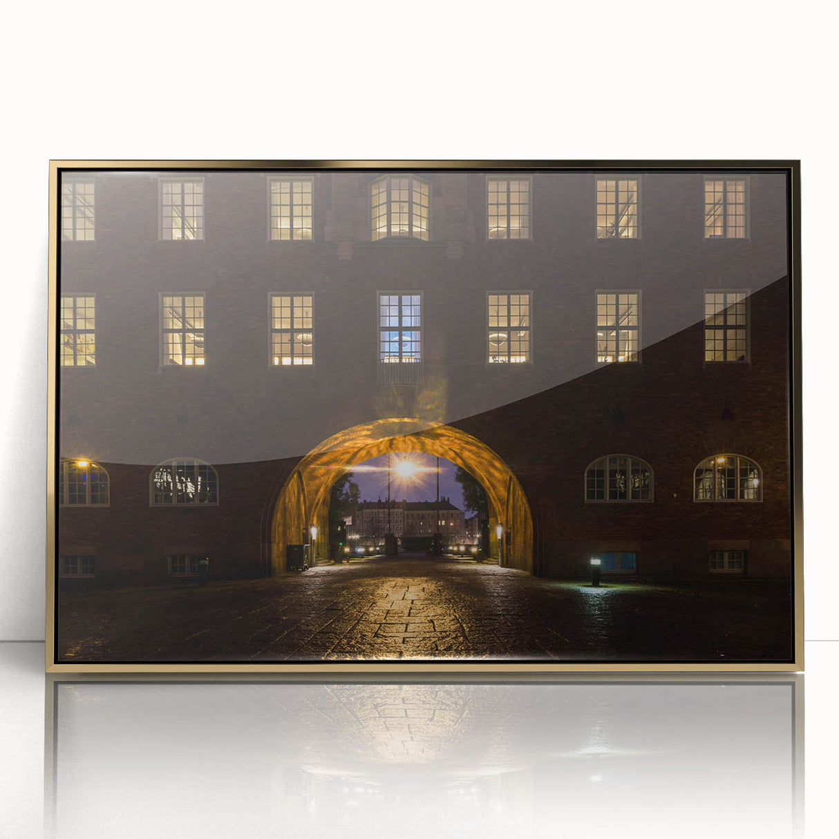 Acrylic print of Stockholm scenery in gold frame, using mid-century modernist style with muted colors.