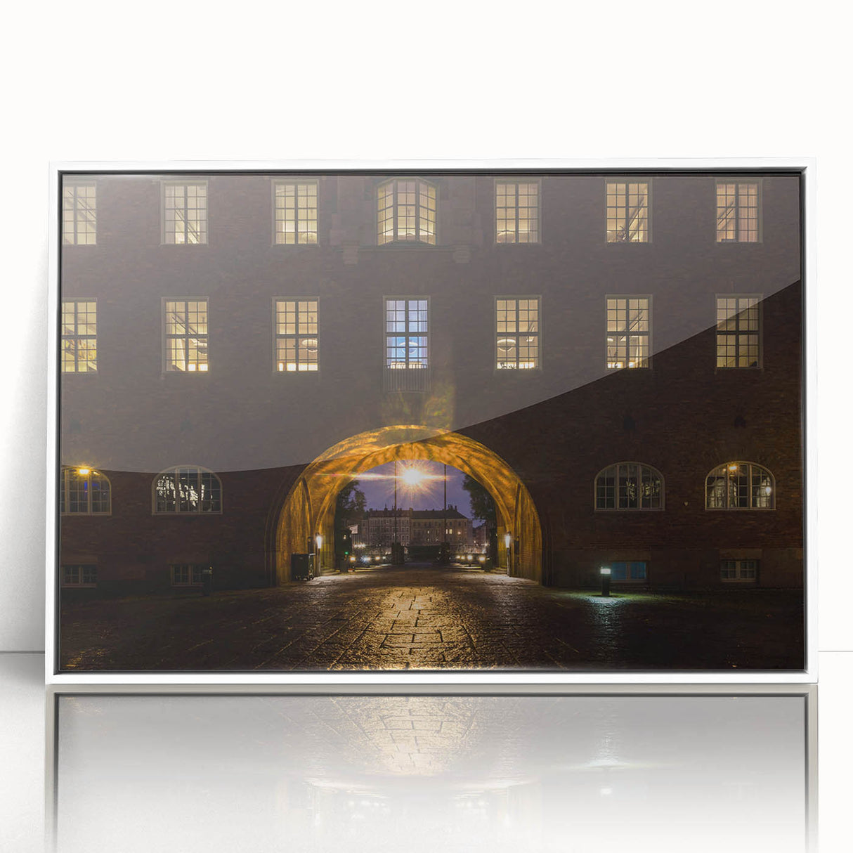 Art deco poster of Stockholm scenery in monochrome shades on white framed acrylic, ideal for modern nursery wall decor.