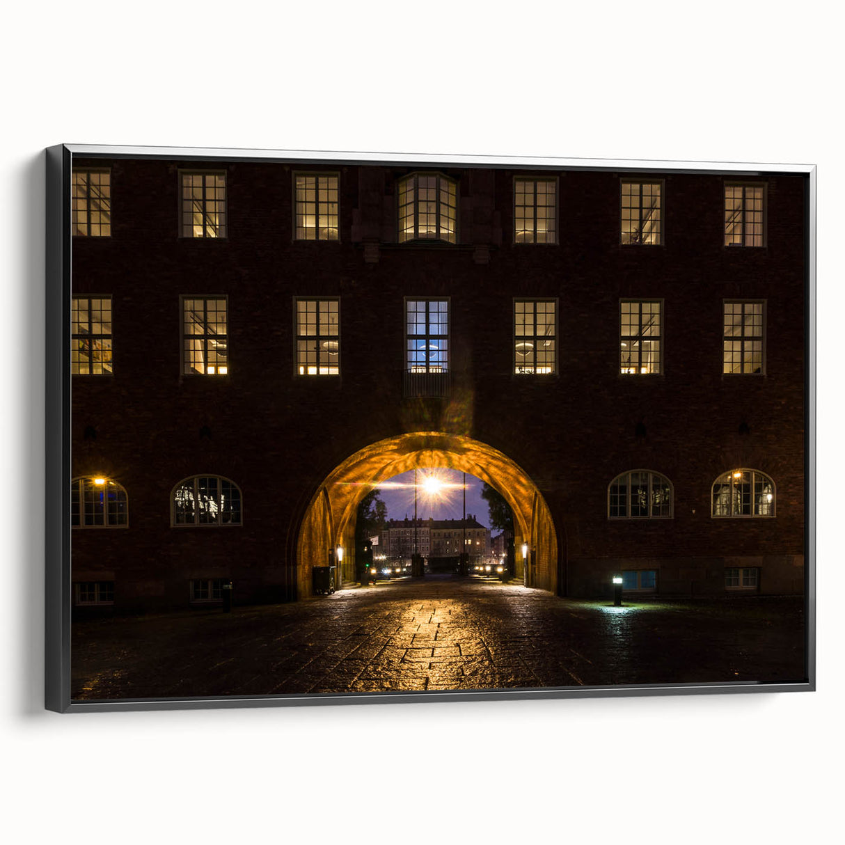Black and white wall art of Stockholm landscape on framed canvas, ideal for bedroom decor.