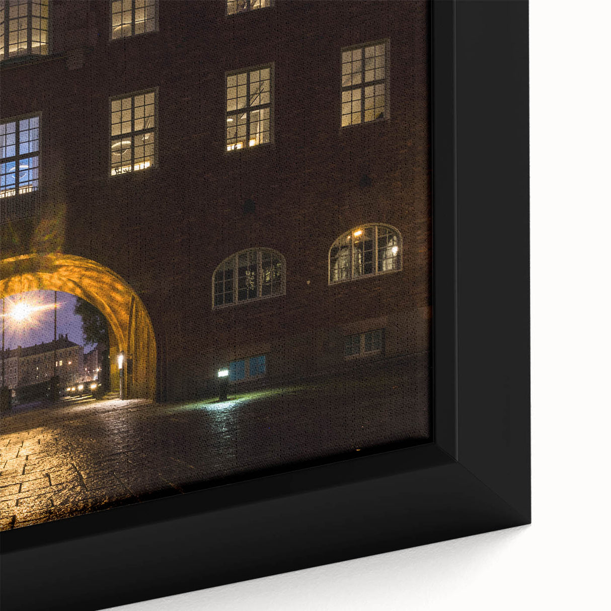 Extra large framed canvas of Stockholm scenery in black with colorful textured art, ideal for living room decor.