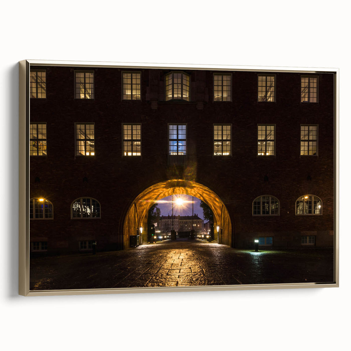 A vintage poster art style landscape painting of Stockholm on a framed canvas, featuring muted earth tones.