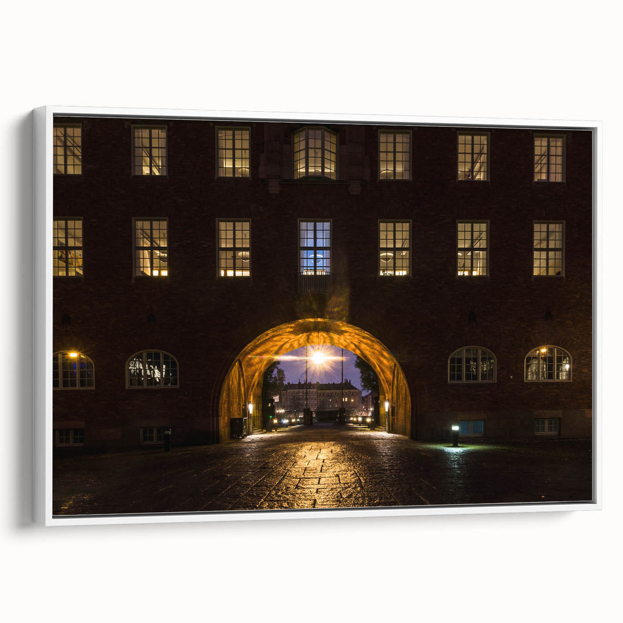 Vintage poster art of Stockholm scenery in colorful art palette on extra large framed canvas, ideal for living room.