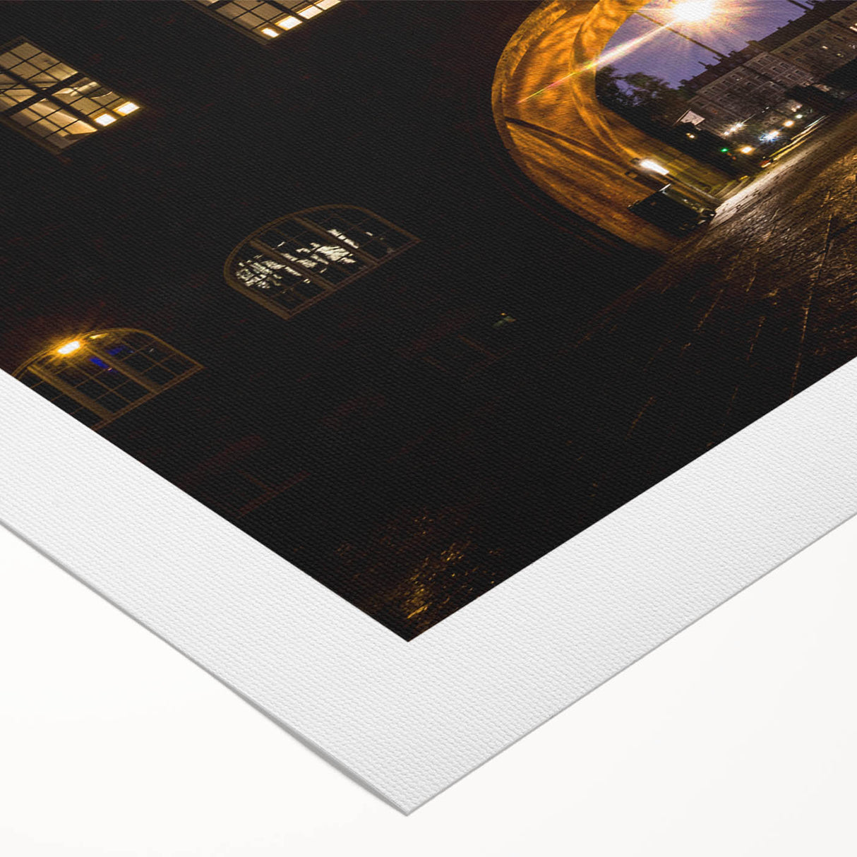 Art deco poster featuring a Stockholm cityscape in muted blue and gray tones on rolled canvas.