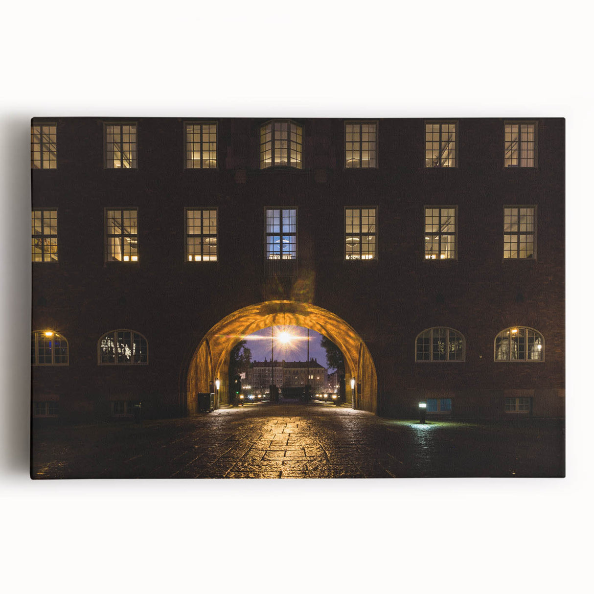 Black and white large art print of Stockholm's cityscape on stretched canvas, ideal for kitchen wall art.