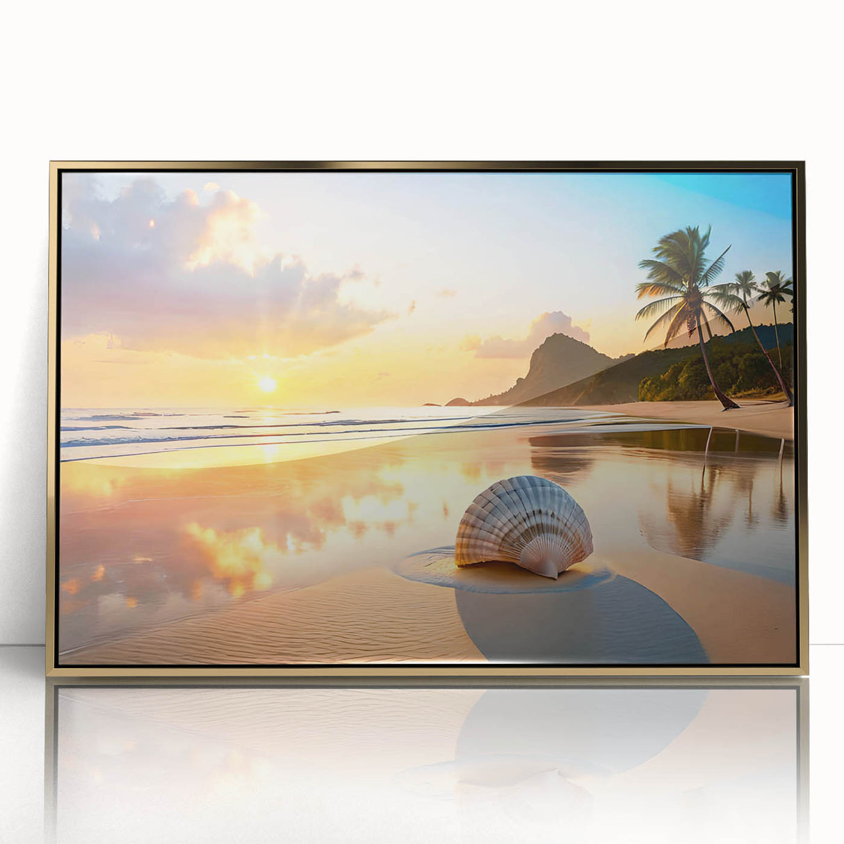 Large art print of Cancun scenery in mid-century modernist style, with vibrant blue and green hues, framed in gold acrylic.