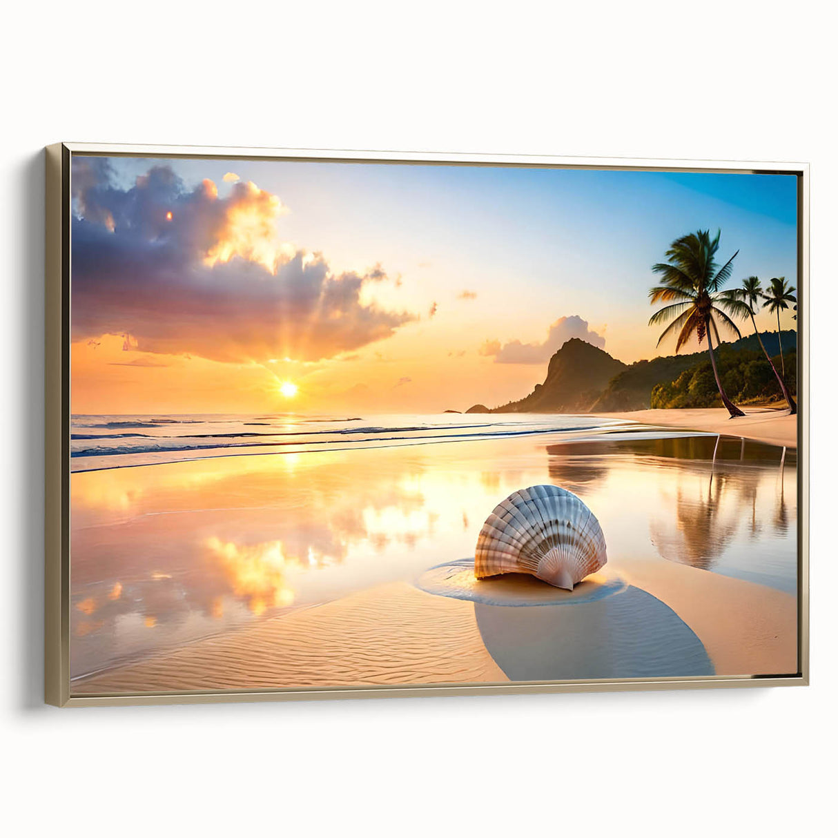 Framed canvas wall art depicting a vintage-style landscape painting of Cancun with a black and gold color palette.