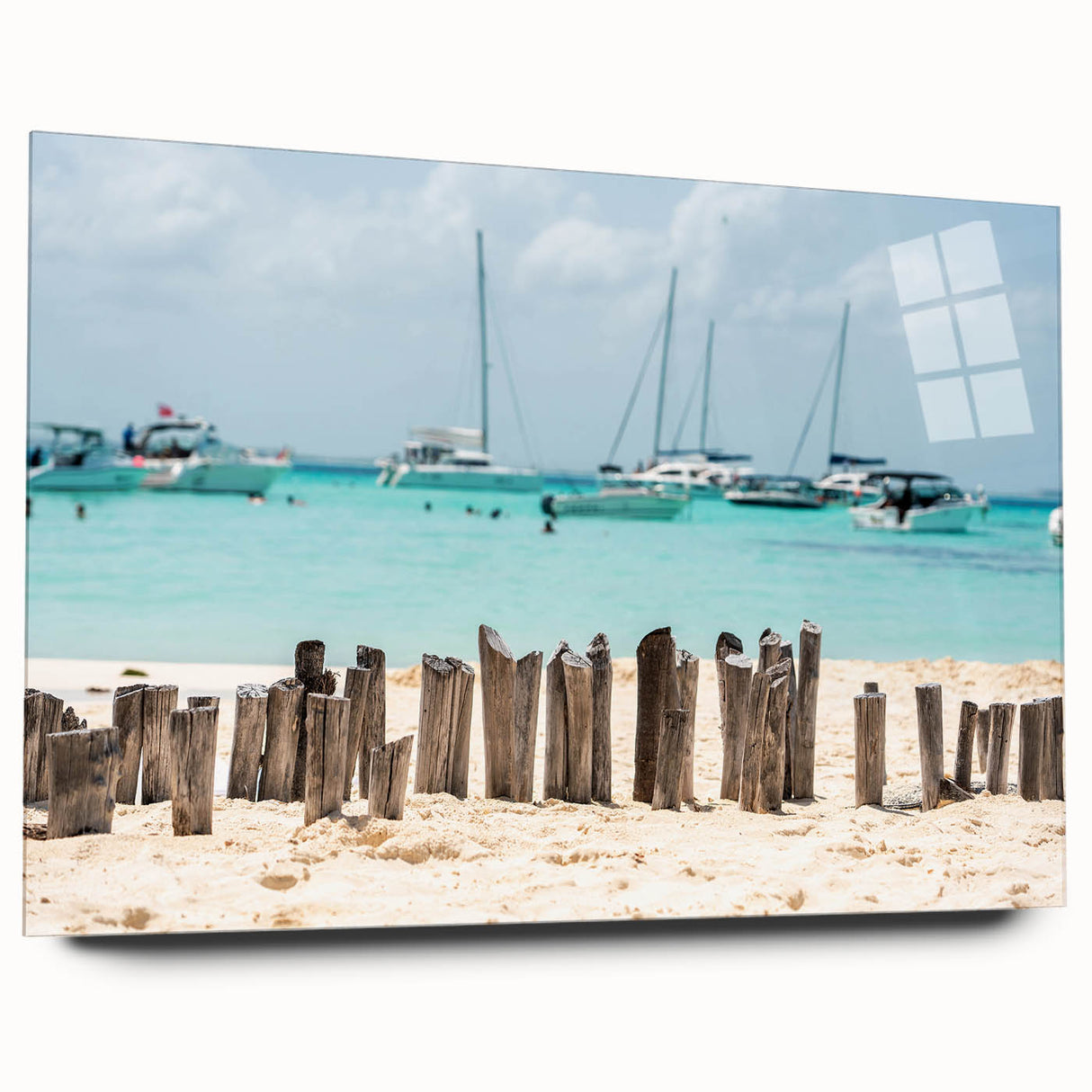 Large abstract wall art of Quintana Roo scenery in vibrant blues and greens on acrylic glass.