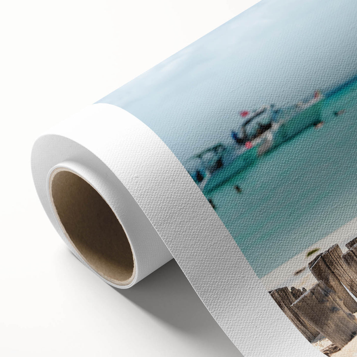 Art deco poster of Quintana Roo scenery on rolled canvas, featuring pastel shades, ideal for nursery wall art.