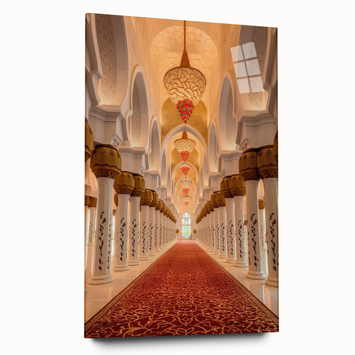 Large abstract wall art of Dubai skyline in vibrant twilight hues on acrylic glass, ideal for bedroom or dining room decor.
