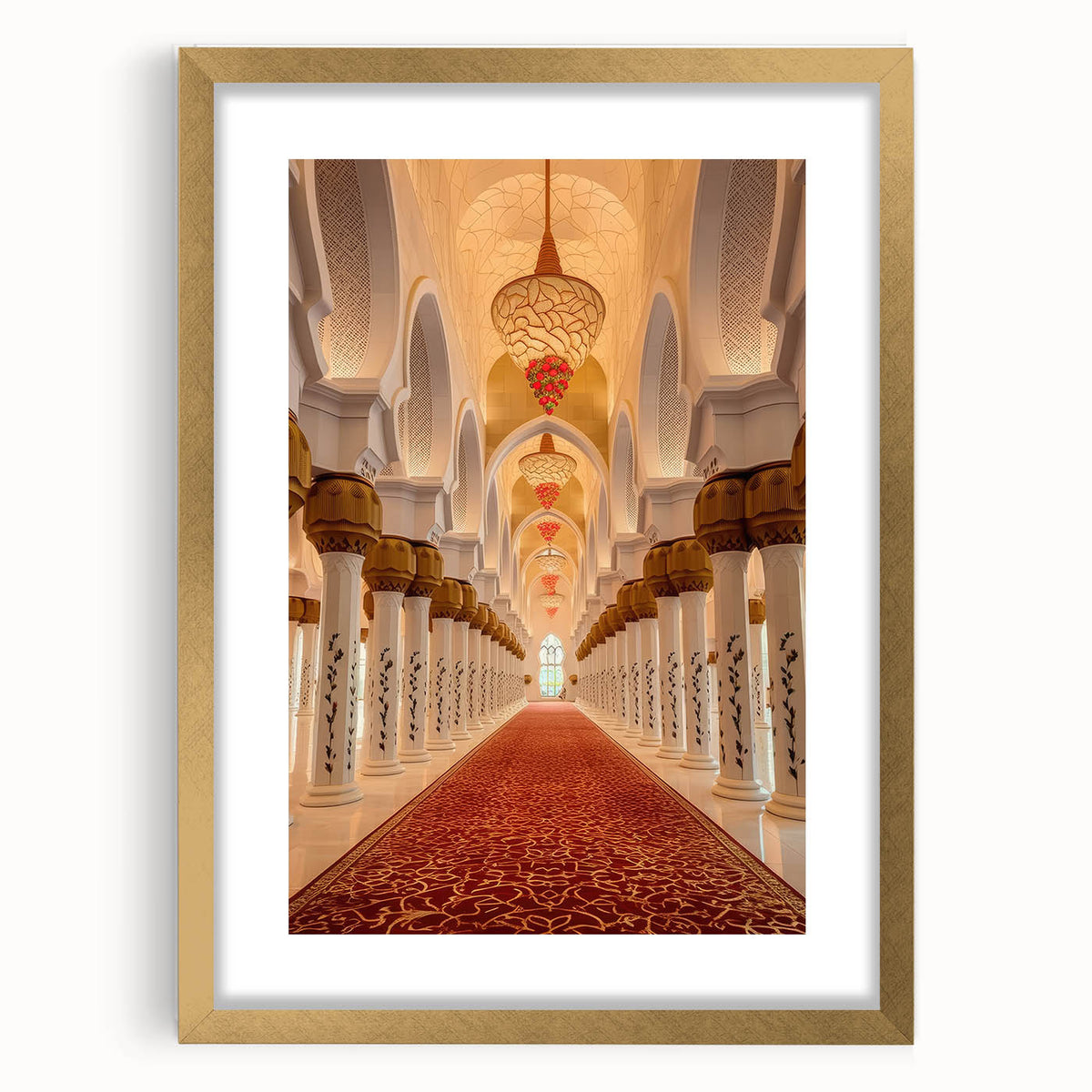 Extra large abstract art print of Dubai skyline in textured gold hues on a framed canvas, ideal for living room decor.