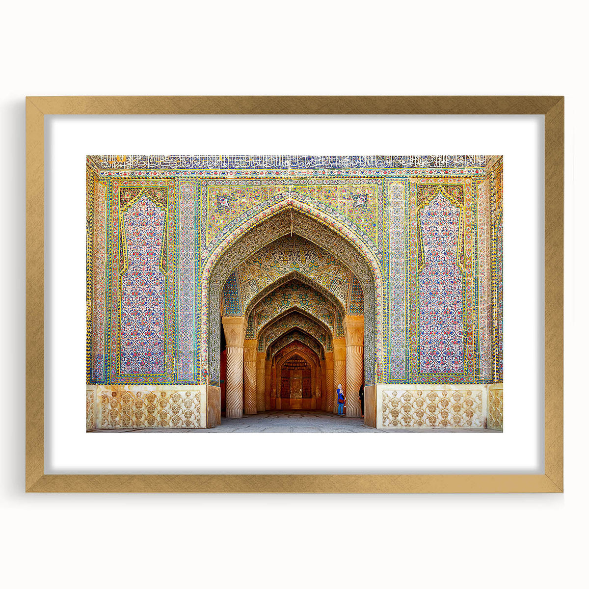 Extra large wall art featuring an abstract textured print of a Middle Eastern scenery in gold and earth tones.