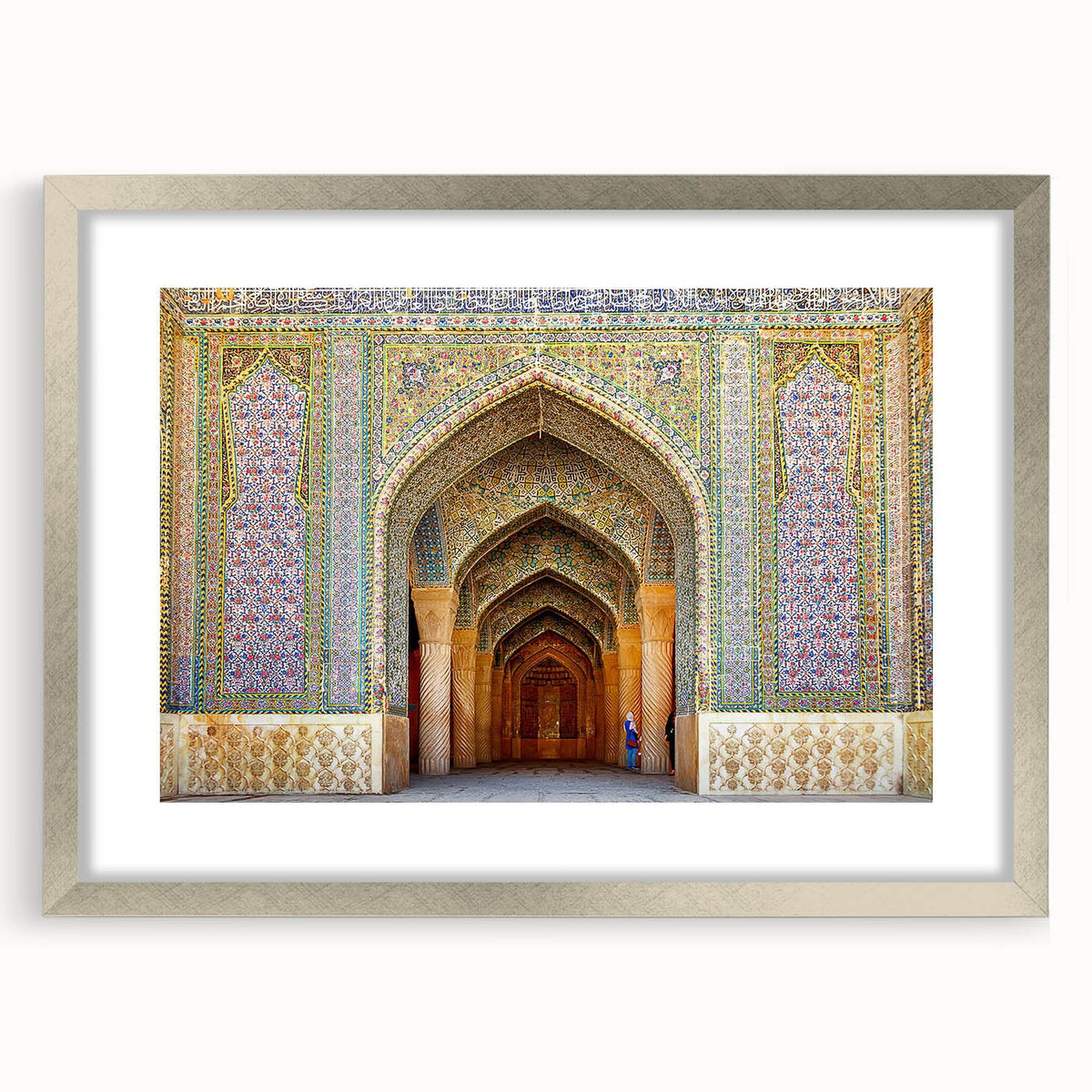 Textured abstract art print of a Middle Eastern scenery in silver frame, ideal for bedroom art.