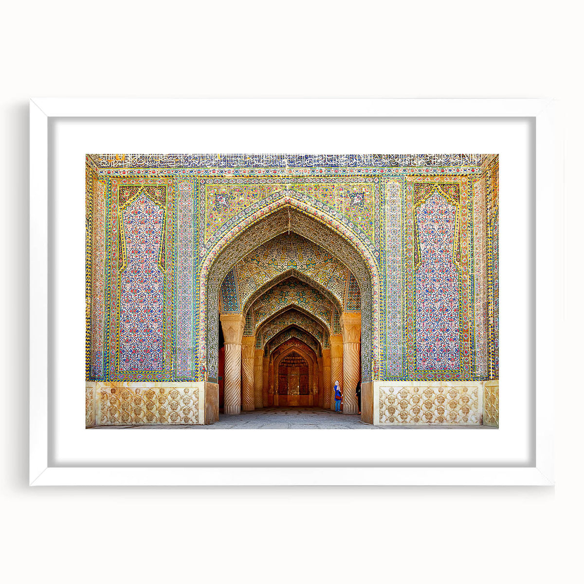 Abstract art print featuring a stylized Middle Eastern landscape in muted earth tones on a framed white mat.