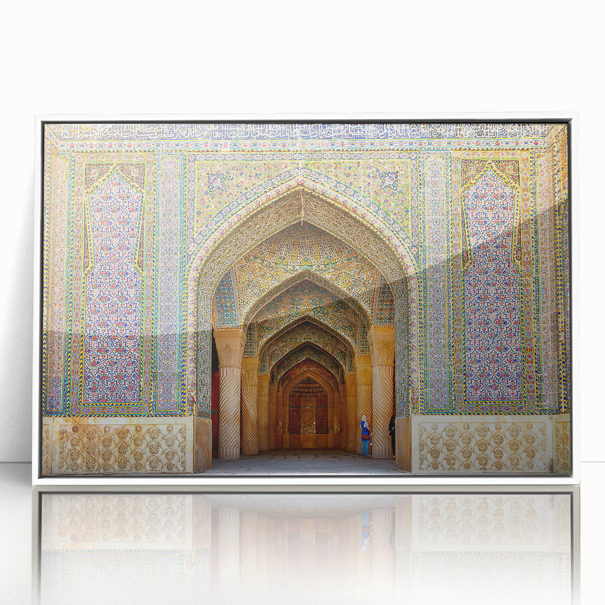Art deco poster of a Middle Eastern Iranian scenery in muted earth tones on a framed acrylic.