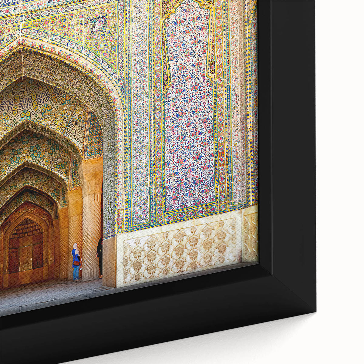 Extra large framed canvas featuring a textured portrayal of a Middle Eastern scenery in black with colorful accents.