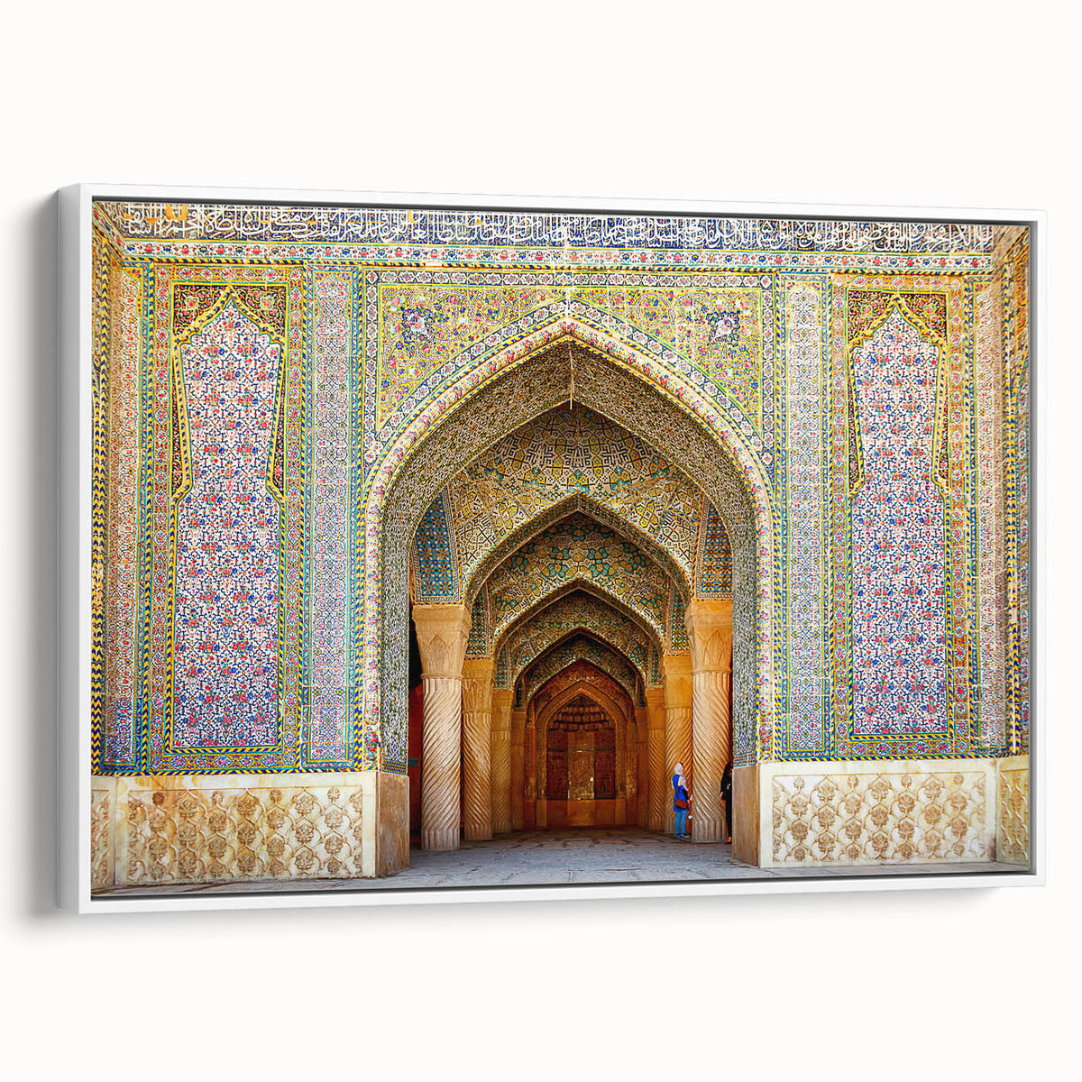Vintage poster art of an Iranian landscape on extra large framed canvas, featuring colorful art against a black background.