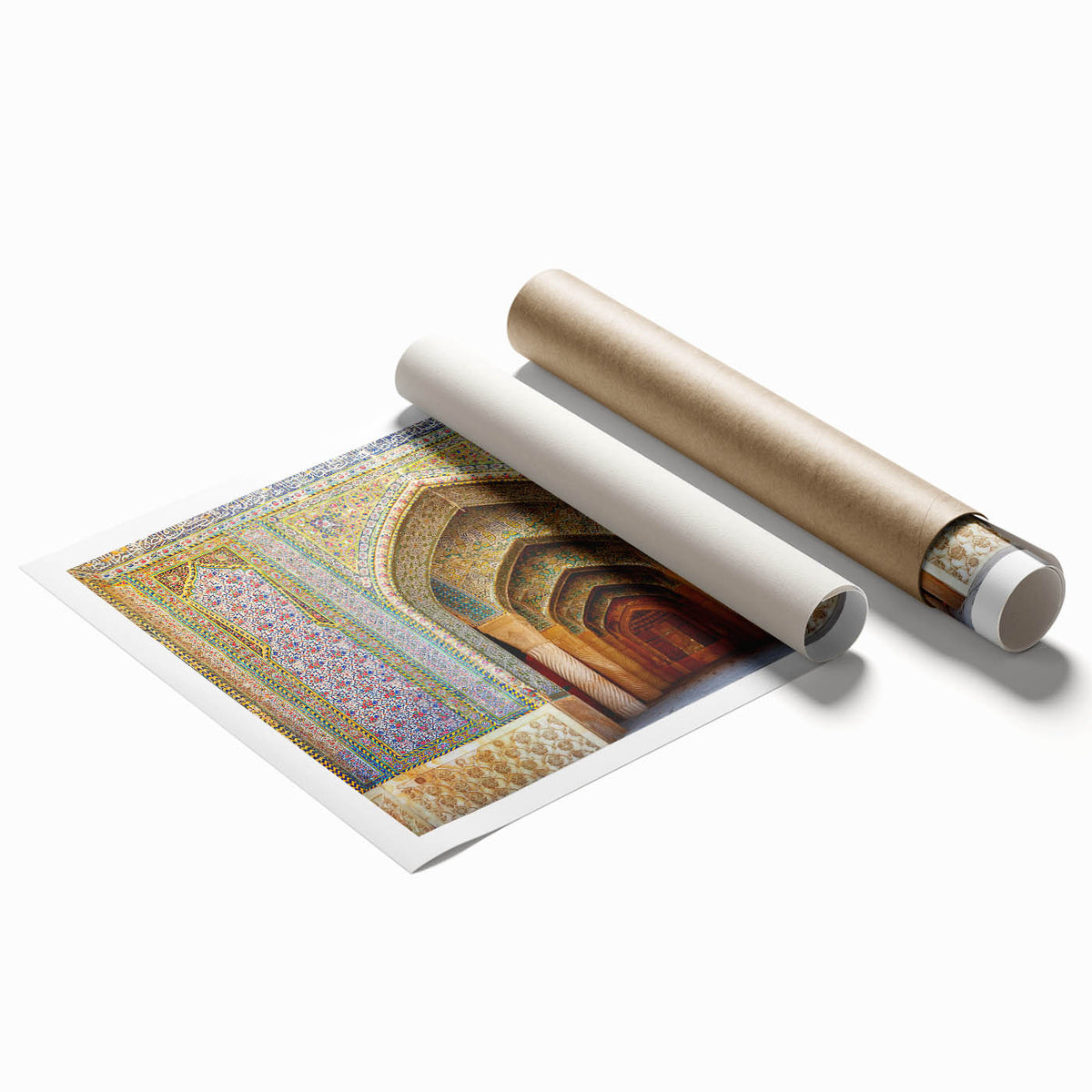 Extra large rolled print featuring a Middle Eastern scenery with floral elements in muted earth tones.