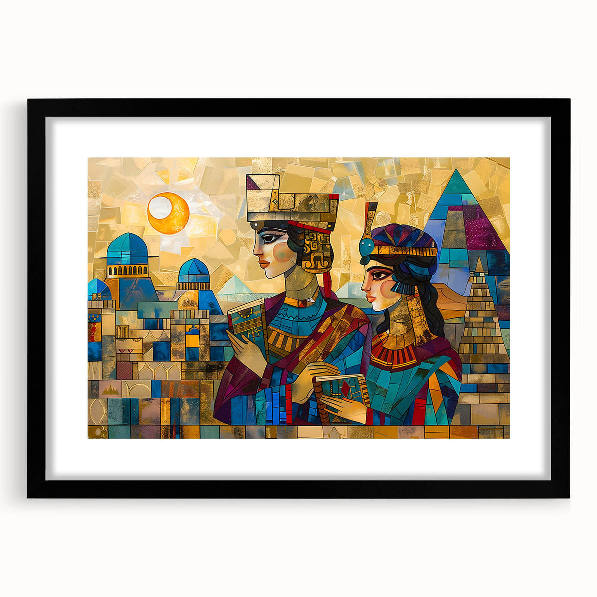 Colorful abstract art print depicting a Middle Eastern scenery in vibrant hues on a large, framed canvas.