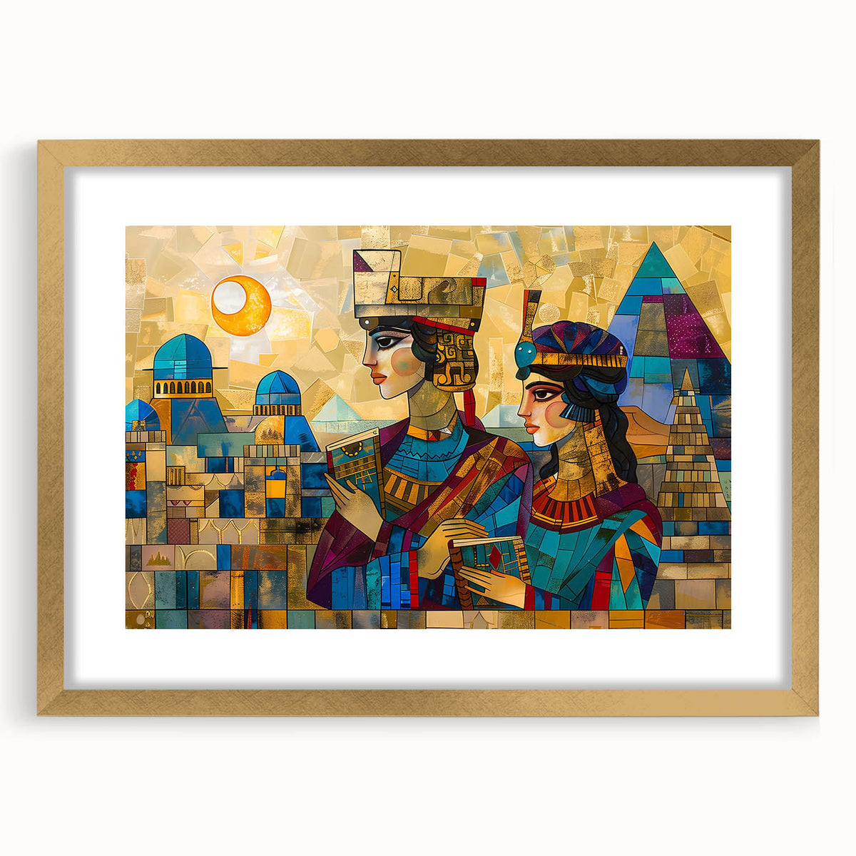 Extra large wall art of abstract Middle Eastern scenery in gold frame, featuring textured swirls in earth tones.